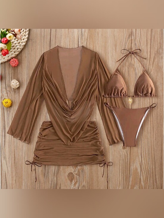 Other - Women's Brown 4-Piece Bikini Set with Draped Cover-Up - Chic Beachwear